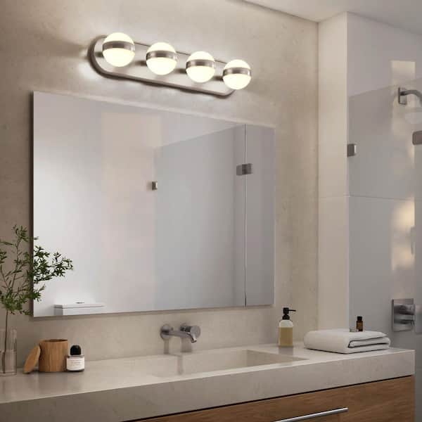 Baldric 27 in. 4-Light Brushed Nickel 3CCT LED Integrated Wall Vanity Light Fixture