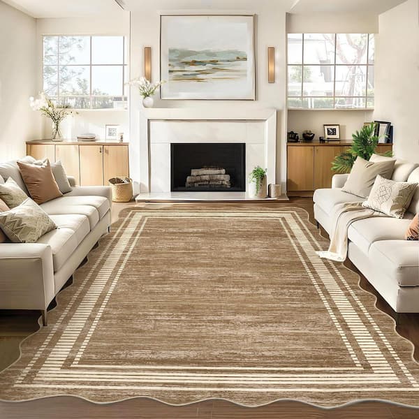 8 X 10 ft. Brown Scallop Area Rug, Washable Rug, Non-Slip Low-Pile Solid Rug, for Bedroom, Living Room, Home Office