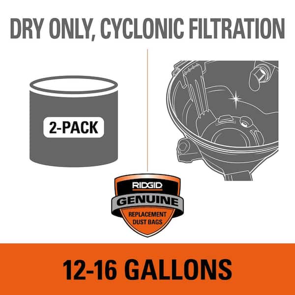 Genuine VF3602 Wet Dry Vac Cyclonic Dry Pick-up Only Dust Bags for Select 12-16 Gal. RIDGID Shop Vacuums, Size A (2pk)