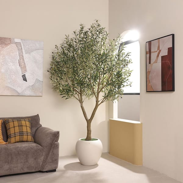 8 ft. Artificial Olive Tree with Large White Planter, Faux Olive Silk Tree for Indoor Outdoor Home Decor