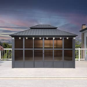 12ft.x 14ft. Patio Hardtop Gazebo Double Top Screen House Aluminum Solarium Backyard Sunroom, 24-LED String Lights, Gray