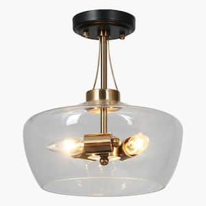 Dendrocnide Modern 12 in. 3-light Black and Brass Semi-Flush Mount Light, Ceiling Lamp with Clear Bowl Glass Shade