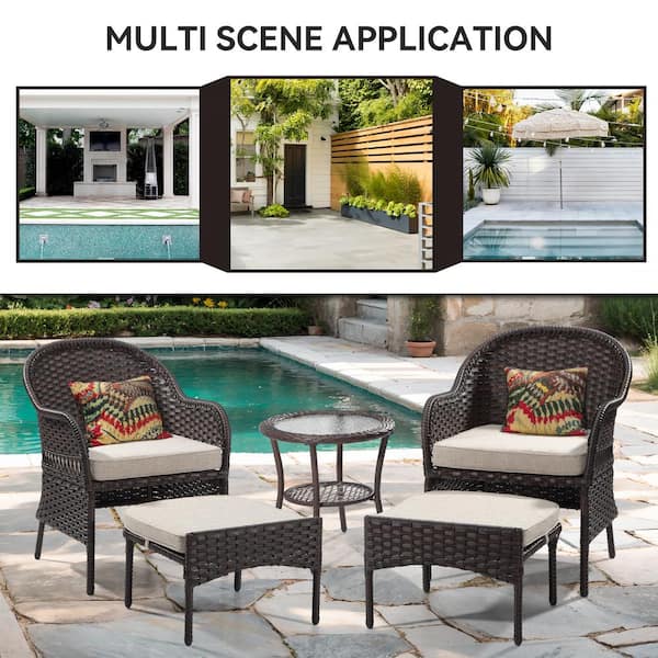 5-Piece Wicker Patio Outdoor Bistro Set Conversation Set with 2