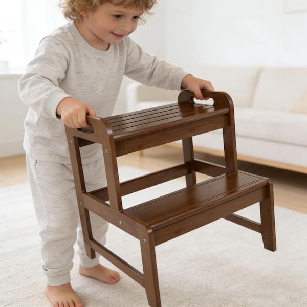 17.13 in.Brown Kids Step Stool, Kitchen Toddler Helper, 2-Step Bamboo with Safety Handles