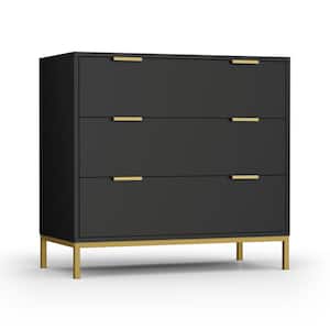 3-Drawer Black Chest of Drawers with Gold Metal Legs Mid Century Modern Dresser 31.5 in. W x 29.5 in. H x 15.7 in. D
