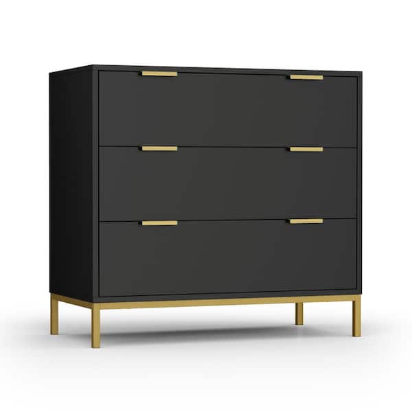 Aupodin 3-Drawer Black Chest of Drawers with Gold Metal Legs Mid Century Modern Dresser 31.5 in. W x 29.5 in. H x 15.7 in. D