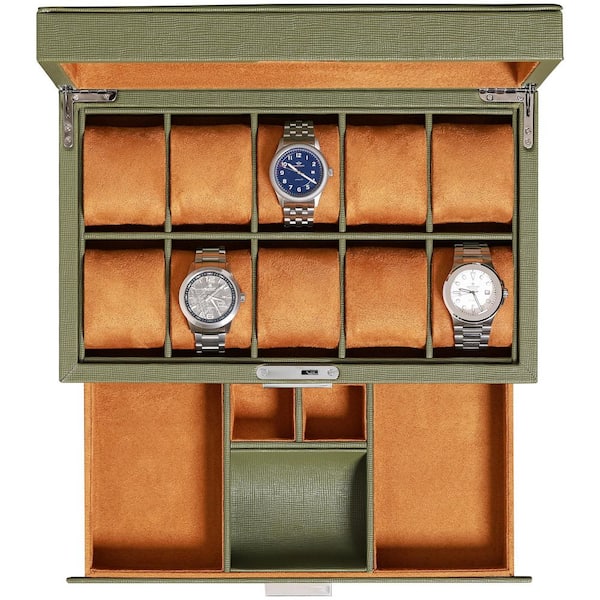 Unbranded 10-Slot Leather Watch Box with Valet Drawer & Glass Top-Green/Tan, 13.5 in. x 8.25 in. x 5.75 in.