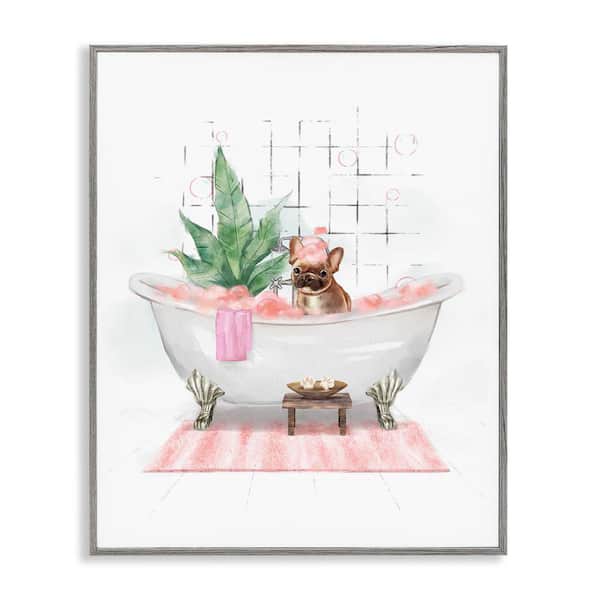 Stupell Industries Glam Pug in Tub by Ziwei Li Gray Framed Animal Giclee Art Print 14 in. x 11 in.