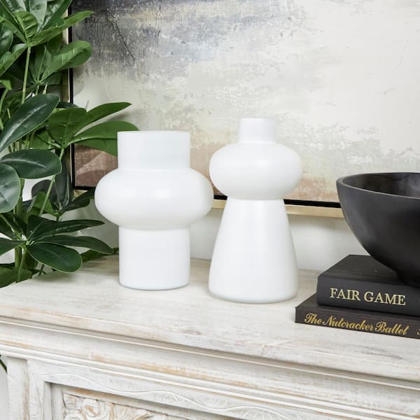 Litton Lane White Glass Decorative Vase with Various Shapes and Wide Rounded Centers (Set of 2)