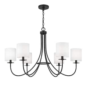 36 in. W x 23.5 in. H, 6-Light Matte Black Modern Chandelier with White Fabric Shades