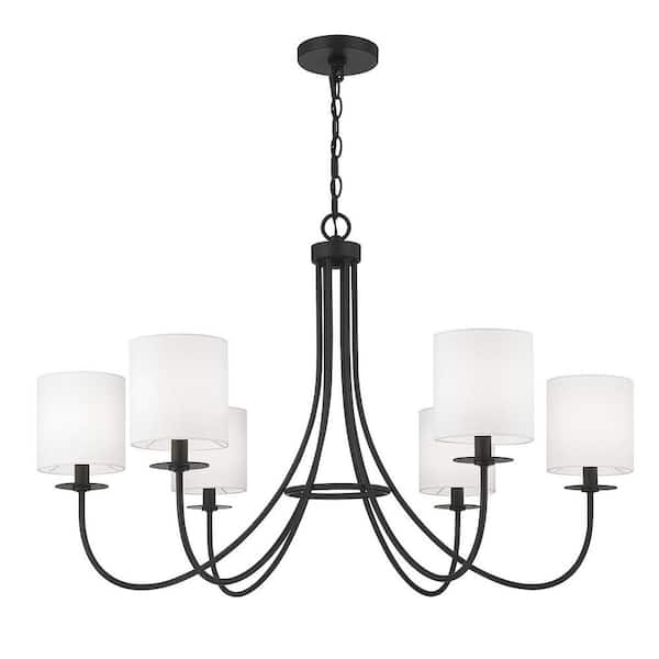 36 in. W x 23.5 in. H, 6-Light Matte Black Modern Chandelier with White Fabric Shades