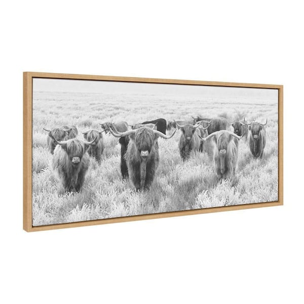 Kate and Laurel Sylvie Herd of Highland Cows Black and White by The Creative Bunch Studio Framed Art Print 18 in. x 40 in.