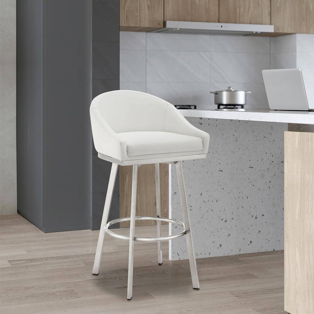 Eleanor 30 in. White Low Back Metal Bar Stool with Faux Leather Seat