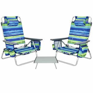 2-Piece Silver Blue and Green Stripe Aluminum Folding Portable Reclining Beach Chair with Folding Table