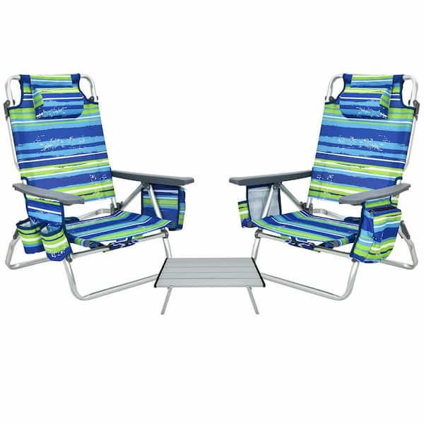 ANGELES HOME 2-Piece Silver Blue and Green Stripe Aluminum Folding Portable Reclining Beach Chair with Folding Table