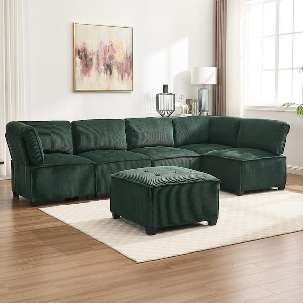 HOMEFUN 122 in. Square 6-Piece U-Shaped Corduroy Modern Sectional Sofa in Emerald with Moveable Ottoman