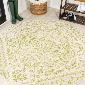 Estrella Bohemian Medallion Textured Weave Cream/Green 5 ft. Round Indoor/Outdoor Area Rug
