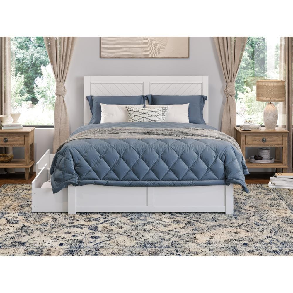 White Full Size Wood Platform Bed with Storage Drawers