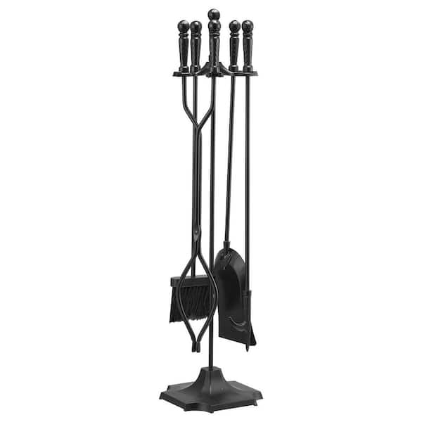 Fireplace Tool Set, 5 Pcs, Holder with 5-Prong Stand/Tongs/Ash Shovel/Brush/Fire Poker, Wrought Iron Accessories, Black