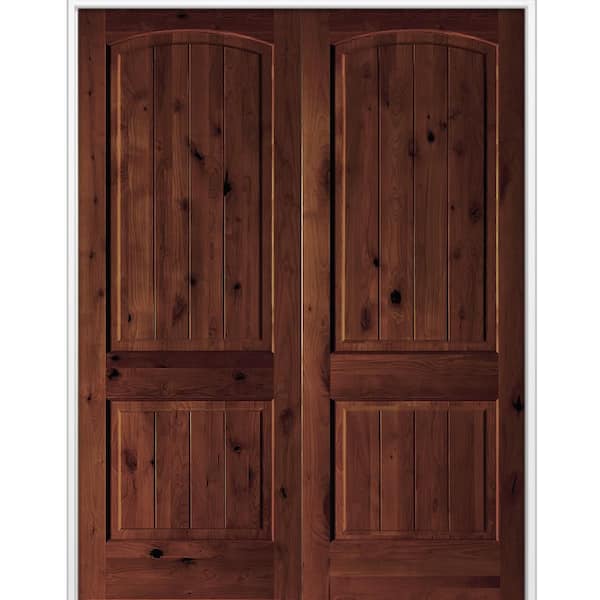 Krosswood Doors 56 in. x 96 in. Rustic Knotty Alder 2-Panel Arch Top VG Both Active Red Mahogany Stain Wood Double Prehung Interior Door