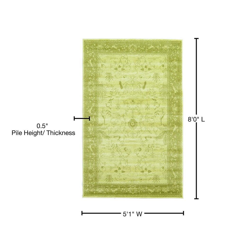 Light Green Floral Synthetic Rectangular Area Rug, 5 x 8 ft