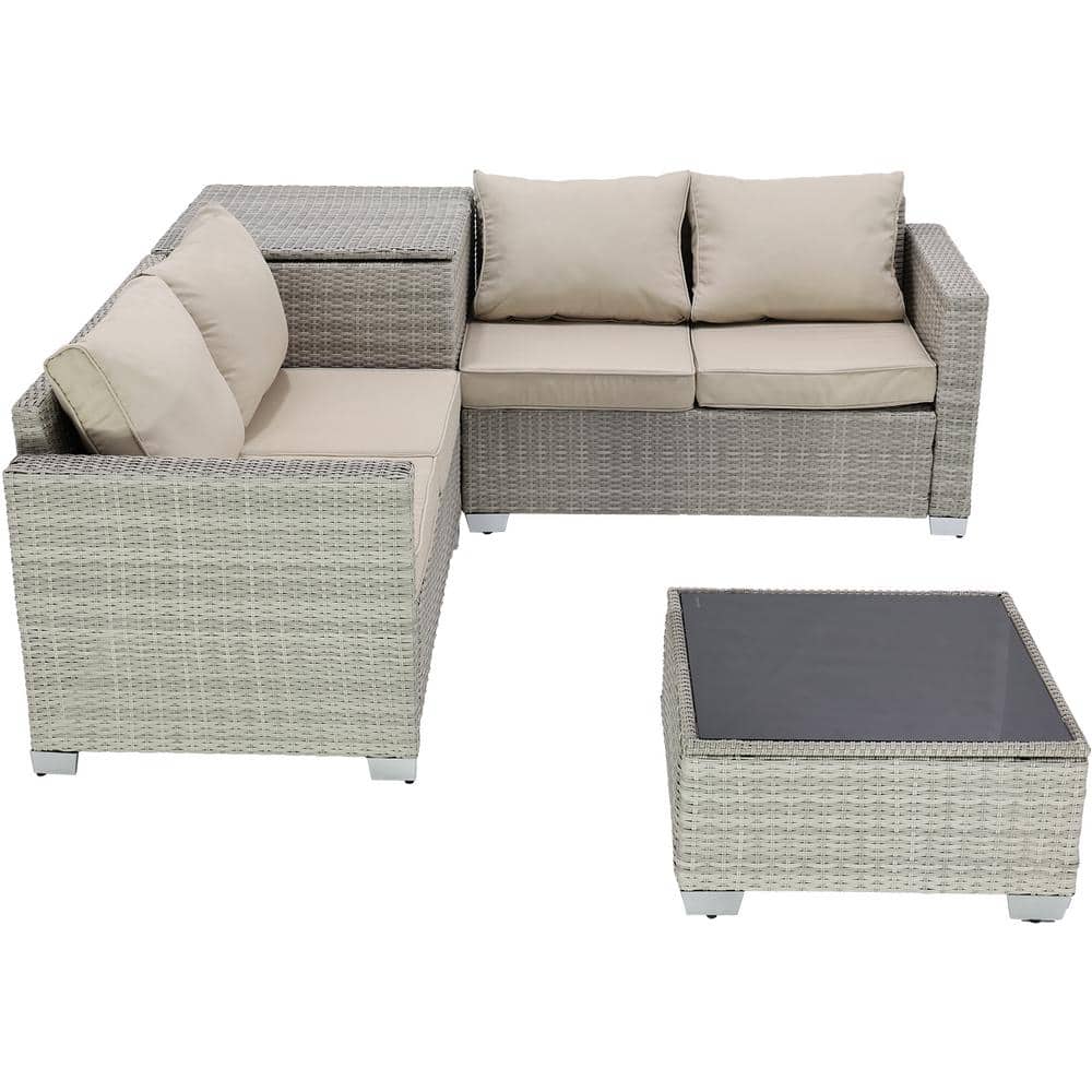 4-Piece Gray-White Hand-Woven Rattan Wicker Patio Conversation Set with Bei