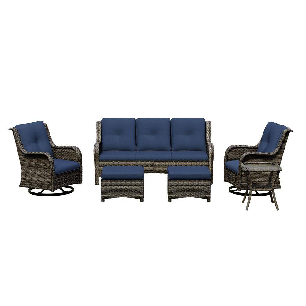 6-Piece Brown Wicker Patio Conversation Set Outdoor Couch Set with Blue Cushions price history on PriceWatchPro