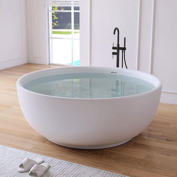 59 in. x 59 in. Round Stone Resin Solid Surface Flatbottom Freestanding Soaking Bathtub in Matte White