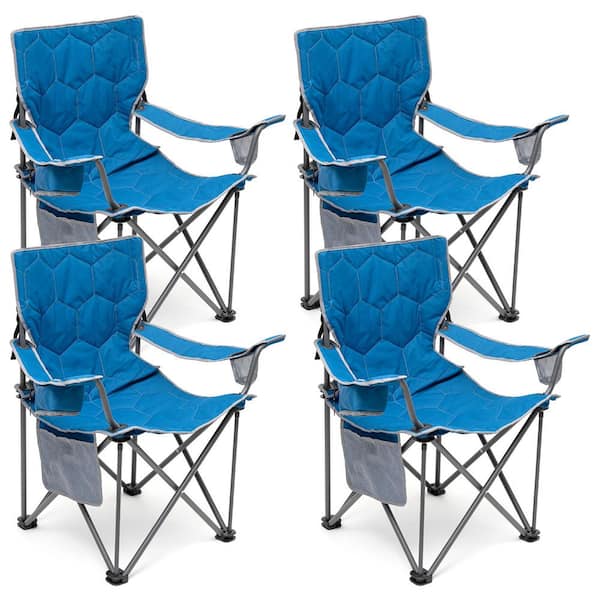 Mondawe 4-Piece Blue Metal Patio Folding Beach Chair Lawn Chair Outdoor Camping Chair with Cup Holder and Built-In Opener