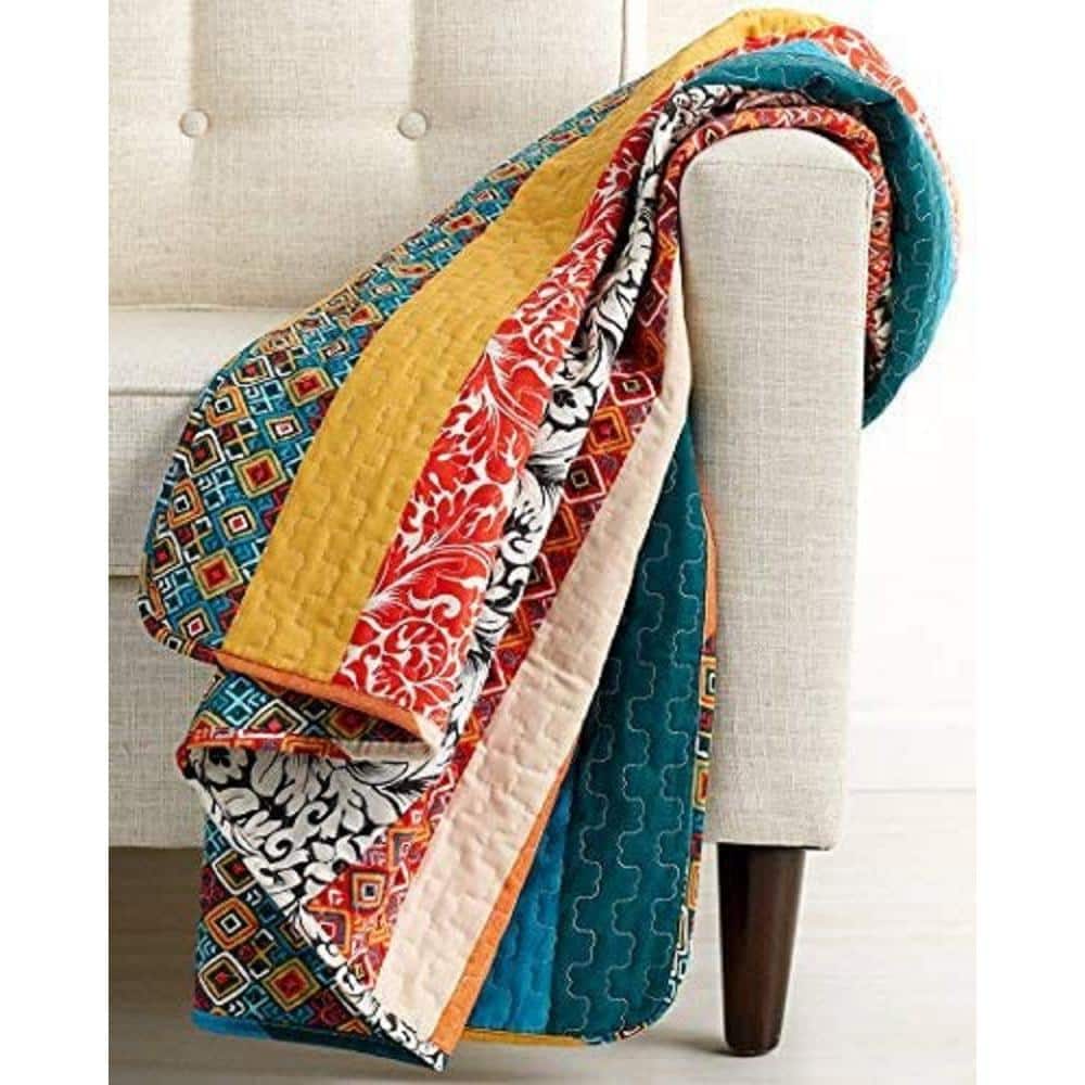 Boho Stripe Turquoise and Tangerine Reversible Cotton Throw Blanket