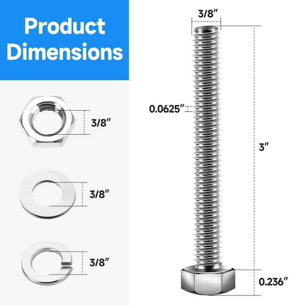 3/8 in. -16 x 3 in. 304 Stainless Steel Hex Bolt (6-Pack)