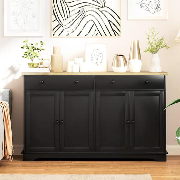 HOMCOM Black MDF 55.1 in. Sideboard Buffet Storage Cabinet with Shelves and Drawers for Living Room