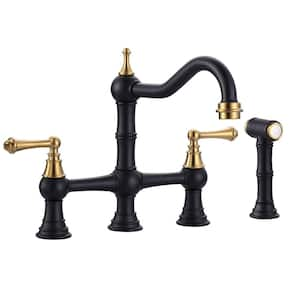 Double Handle Bridge Kitchen Faucet with Side Sprayer in Black and Gold