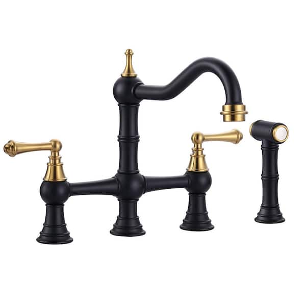 ARCORA Double Handle Bridge Kitchen Faucet with Side Sprayer in Black and Gold