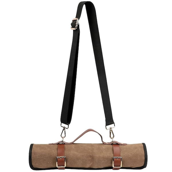 25 in. x 16 in. Brown 9-Knife PU Leather Knife Roll with Metal Buckles, Double Layer Waxed Canvas Knife Bag