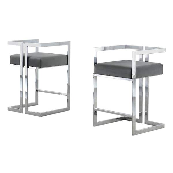 Best Quality Furniture Elsa 24 in. H Dark Gray Velvet Upholstered Low Back Counter Stool with Chrome Legs (Set of 2)