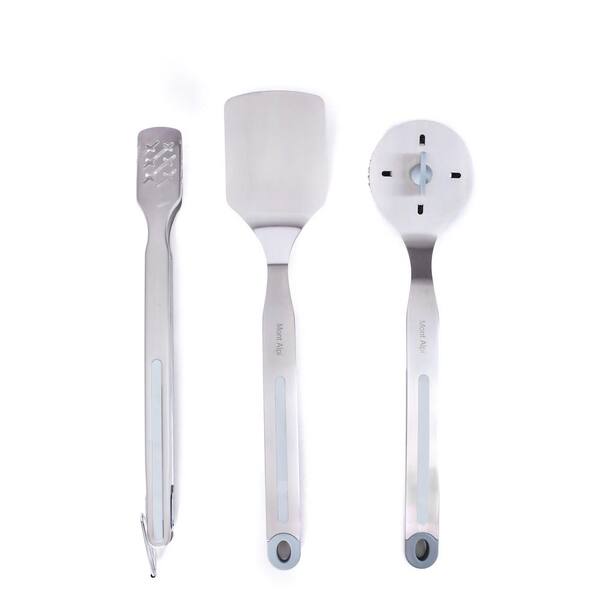 Heavy Duty Stainless Steel 3-Piece Tool Kit with Lockable Tongs, Solid Head Spatula & Grill Brush with Extra Scrub Head