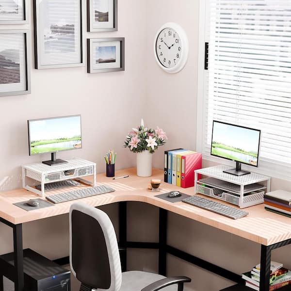 White 16 in. x 6.3 in. Metal Modern Desk Organizer Stand with Drawer