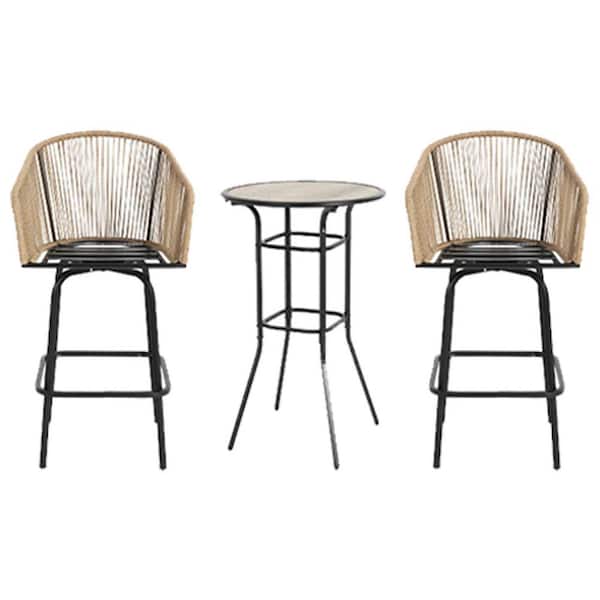 3-Piece Black Metal Outdoor Bistro Set with Gray Cushions, DPC Wood-Like Tabletop and 2 Bar Height Chairs