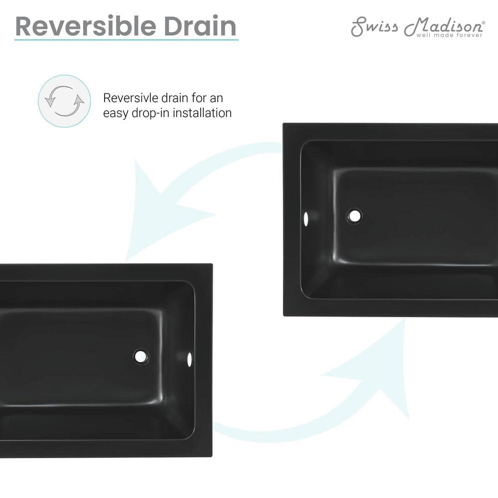 Matte Black Acrylic Drop-In Bathtub with Reversible Drain