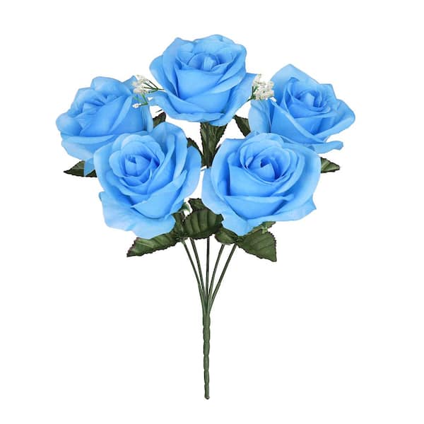 LIVING LUXURY 14 in. Blue Artificial Open Rose Flower Stem Bush Bouquet (Set of 12)