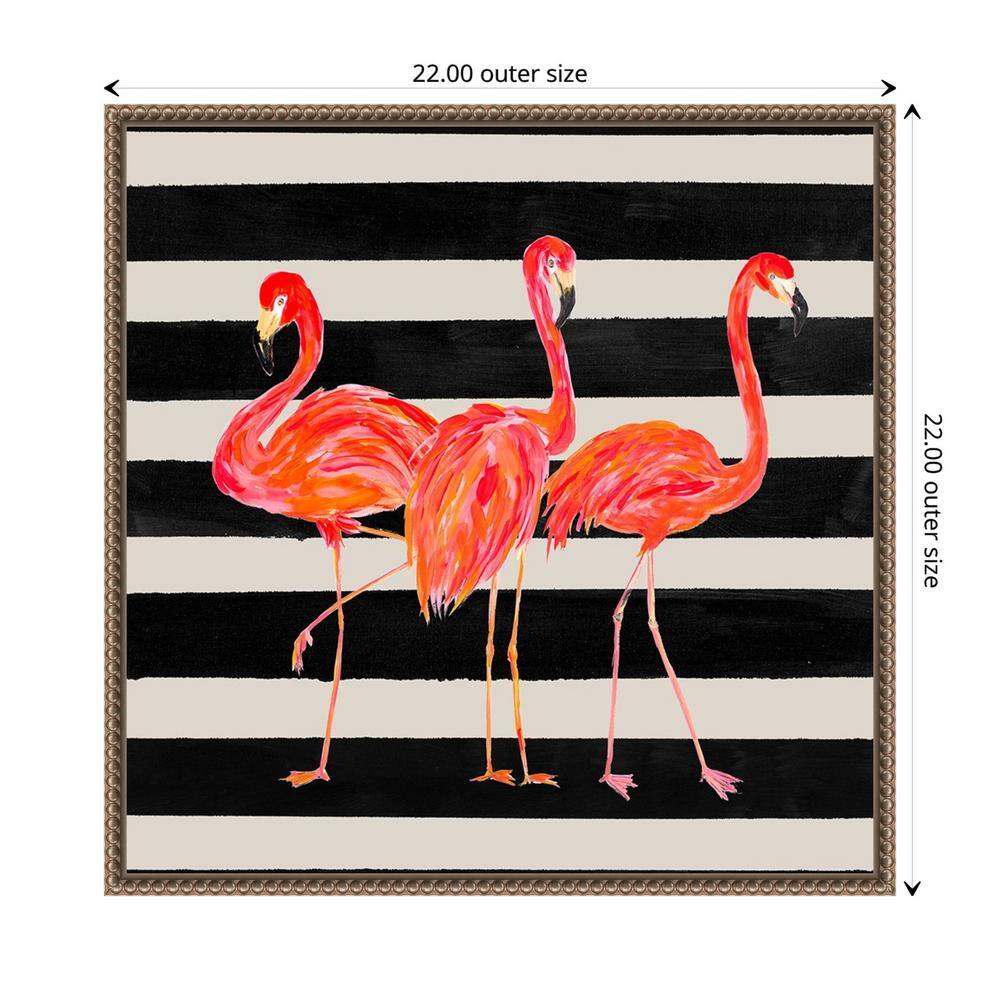Vibrant Flamingo Trio on Black and White Striped Canvas Framed Wall Art 22 x 22