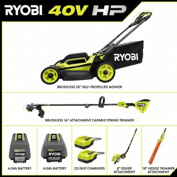 40V HP Brushless 20" Walk Behind Self-Propelled Mower, String Trimmer, Edger & Hedge Trimmer-(2) Batteries (2) Chargers