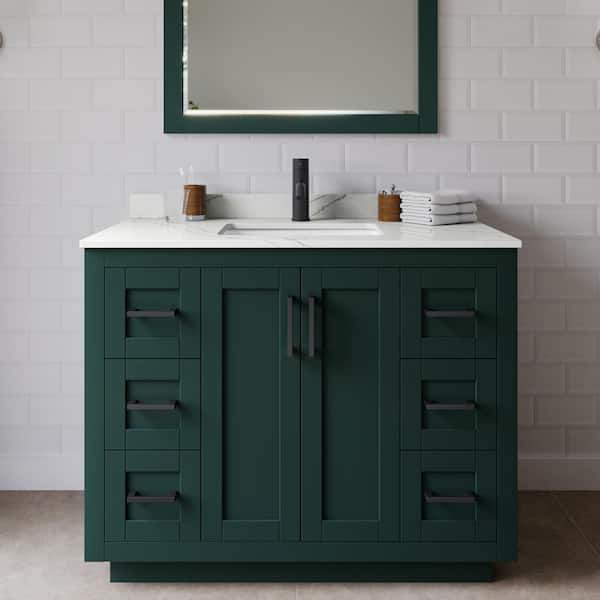 Wyndham Collection Miranda 42 in. W x 22 in. D x 33.75 in. H Single Bath Vanity in Green with Giotto Quartz Top and 34 in. Mirror