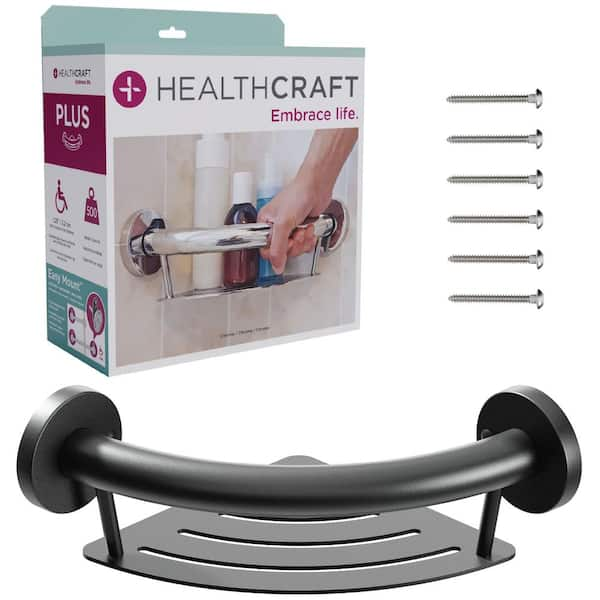 PLUS, 9 .5 in. Concealed Screw Grab Bar And Corner Shelf, 2-In-1 Decorative Grab Bar ADA Compliant in Matte Black