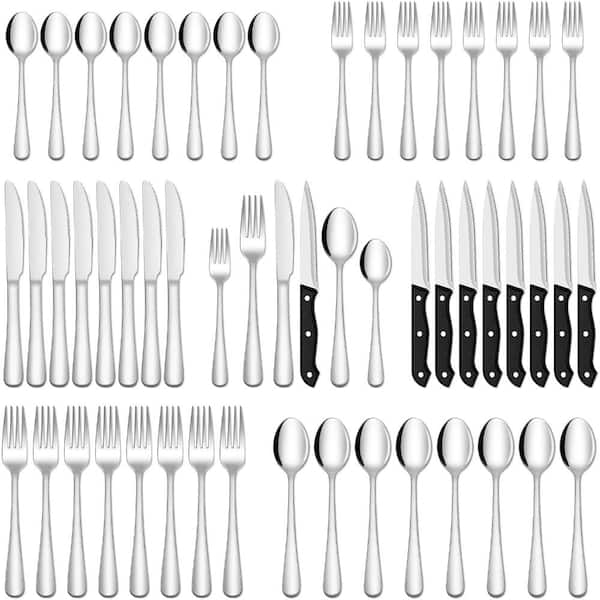 Heavy Duty Stainless Steel Flatware Set with Steak Knives, Mirror Finish, Service for 8, Dishwasher Safe (48-Piece)