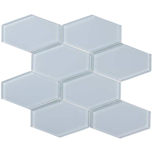 Long Hex 11 in. x 10.6 in. Carribean Blue Gloss Glass Mesh-Mounted Mosaic Tile (9.02 sq. ft./Case)
