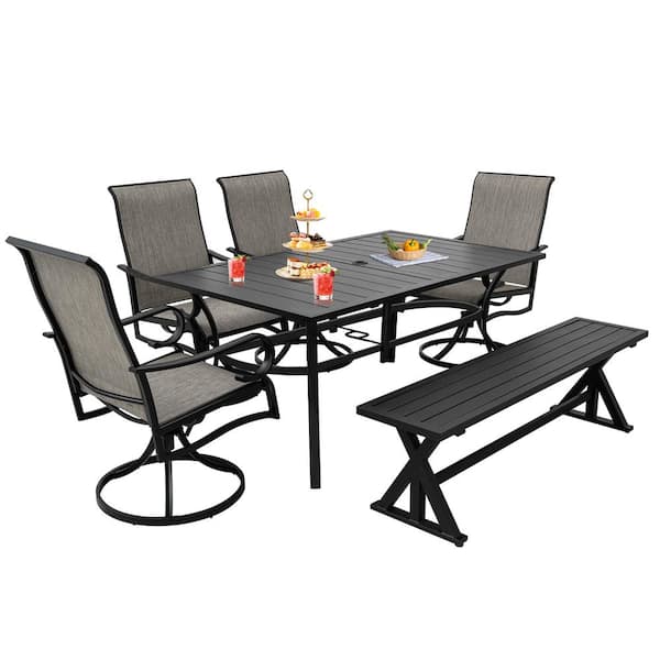 MEOOEM 6-Piece Metal Outdoor Dining Set with Bench, Includes 4 Patio Swivel Chairs, 1 Garden Bench and 1 Rectangle Dining Table