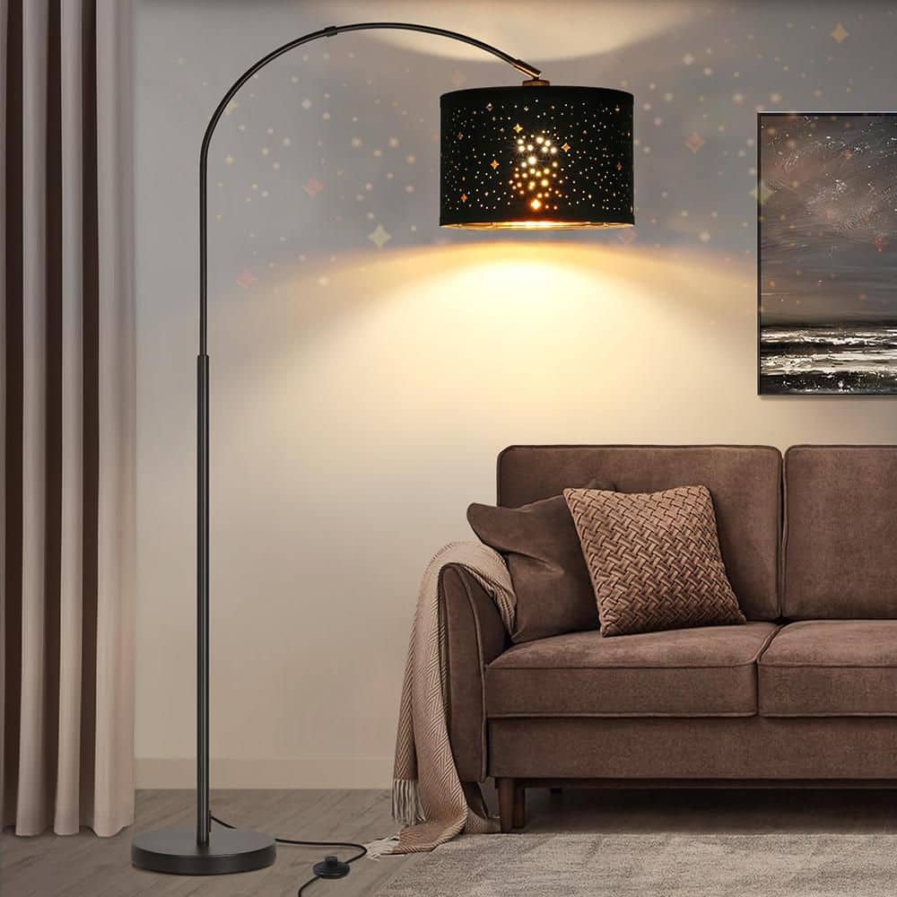 71 in. Black 1-Light Arc Floor Lamp with Linen Shade and No Bulbs