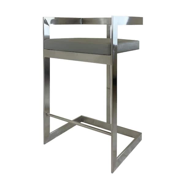HomeRoots 26 in. Gray Low Back Metal Counter Height Bar Chair with Faux Leather Seat